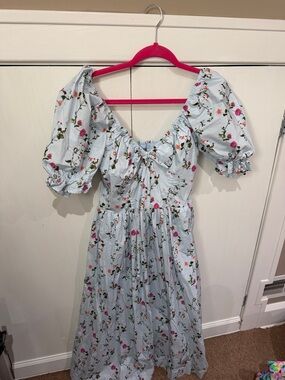 Hill House Light Blue Floral Puff-Sleeve Midi Dress